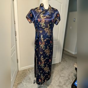 Blue Dragon Rooster Embroidered Chinese Cheongsam Qipao Dress Womens Sz 4